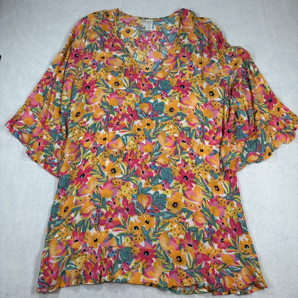 Time and Tru Womens 1X Floral Tunic Blouse Bell Sleeve Pink Orange Boho Top